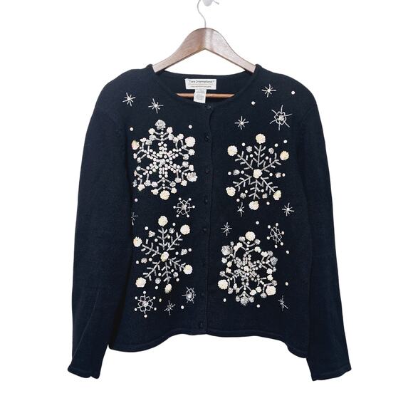 Tiara International Black Cardigan Pink Sequin Beads Snowflakes Size L Christmas - Picture 1 of 6